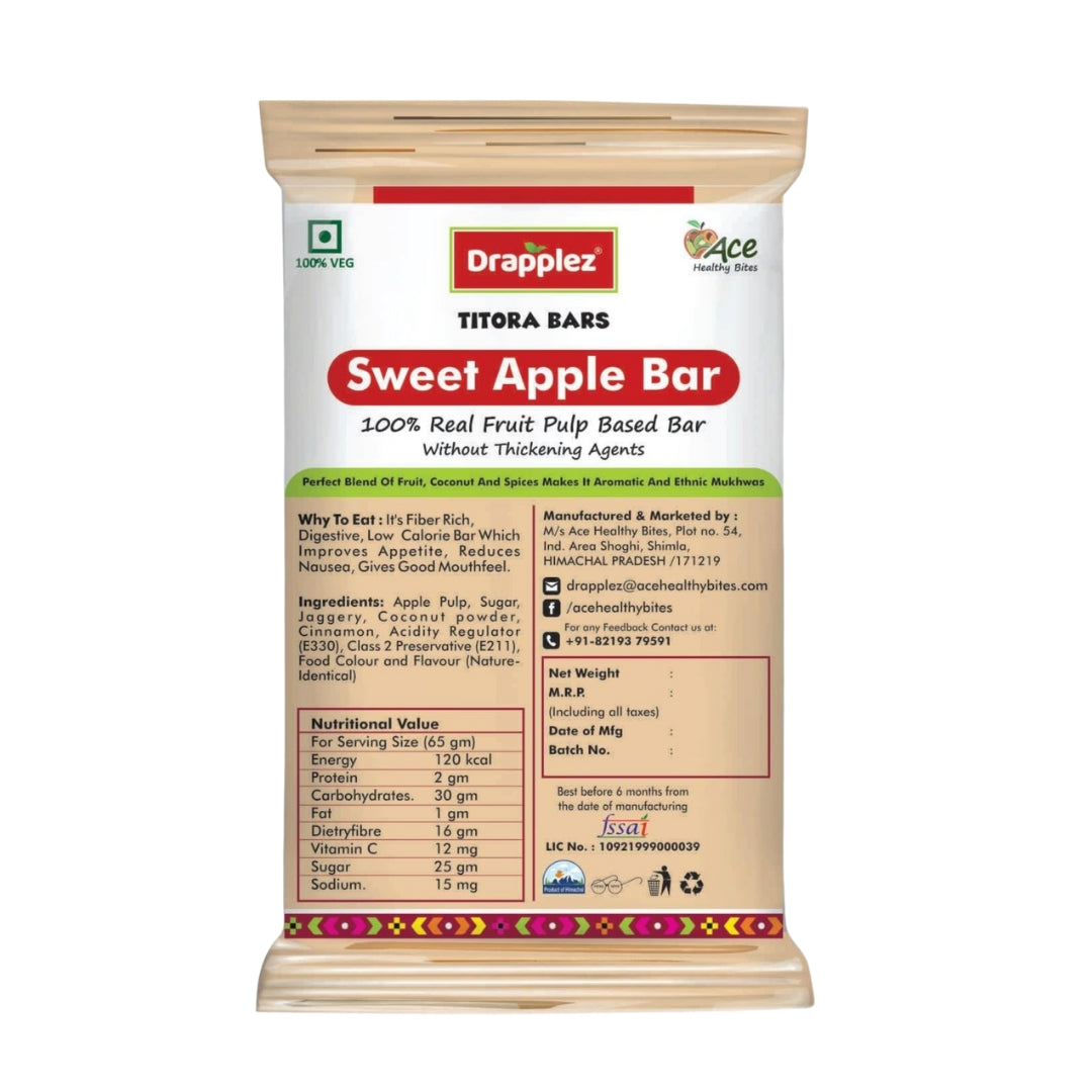 Drappelz Sweet Apple Bar Titora Bars fruit pulp snack packaging with ingredients and nutrition info
