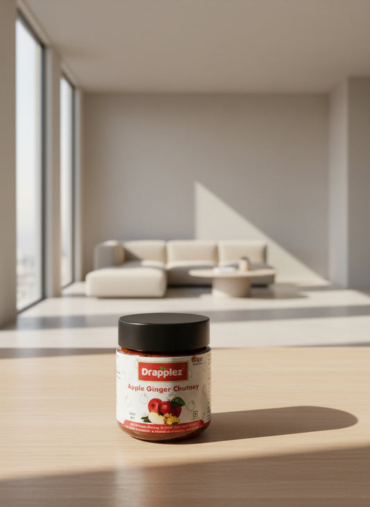 Drapplez Apple Ginger Chutney jar on a light wooden table in a modern, sunlit living room