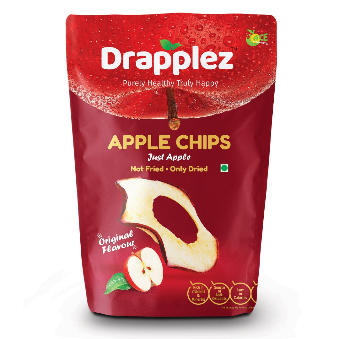 Drapplez apple chips packaging, red pouch with apple slice, not fried, only dried snack