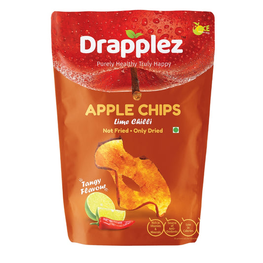 Drapplez apple chips lime chilli flavor snack pack with apple slice, lime, and chili graphics