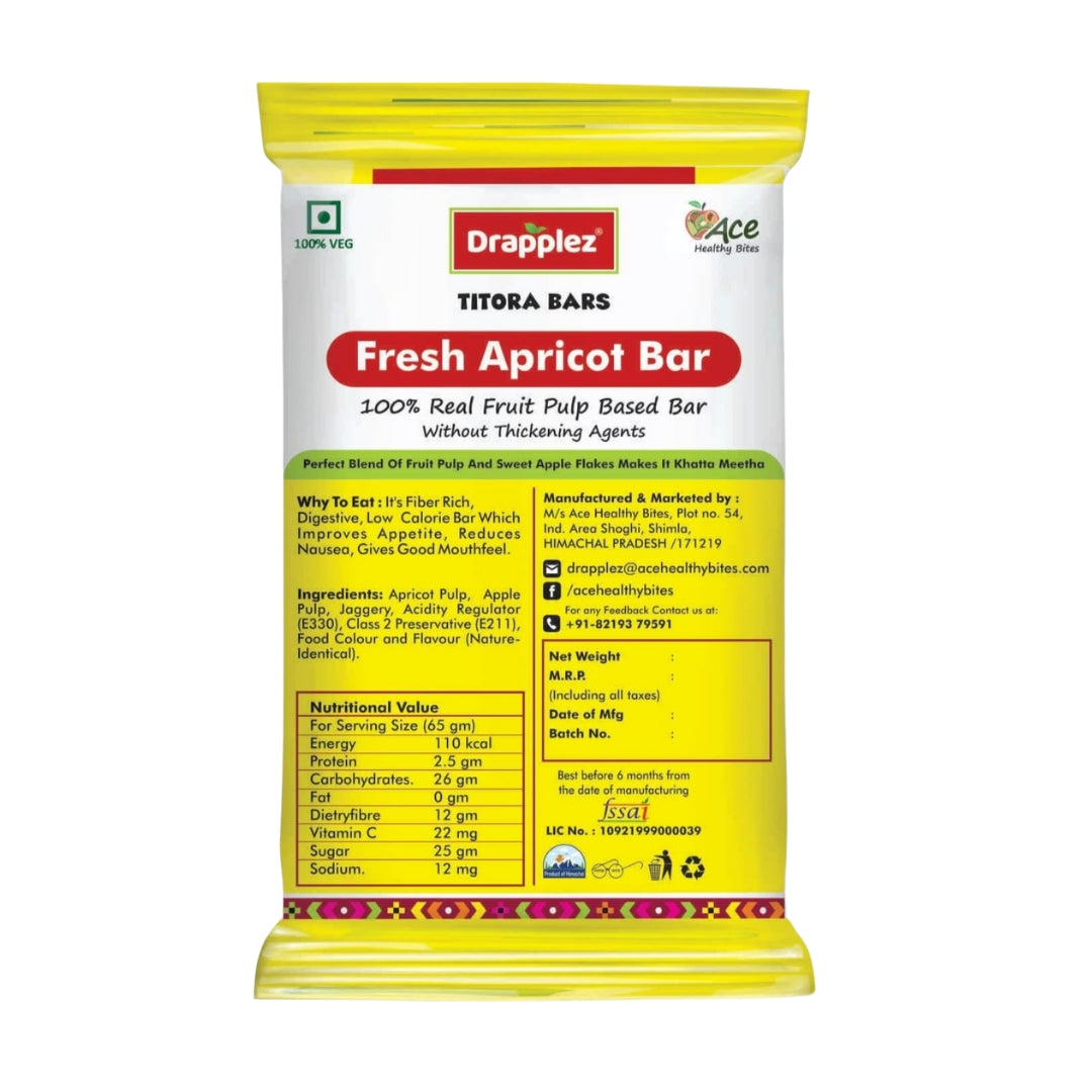 Drapplez Fresh Apricot Bar pack, 100% real fruit pulp, nutritional info and ingredients