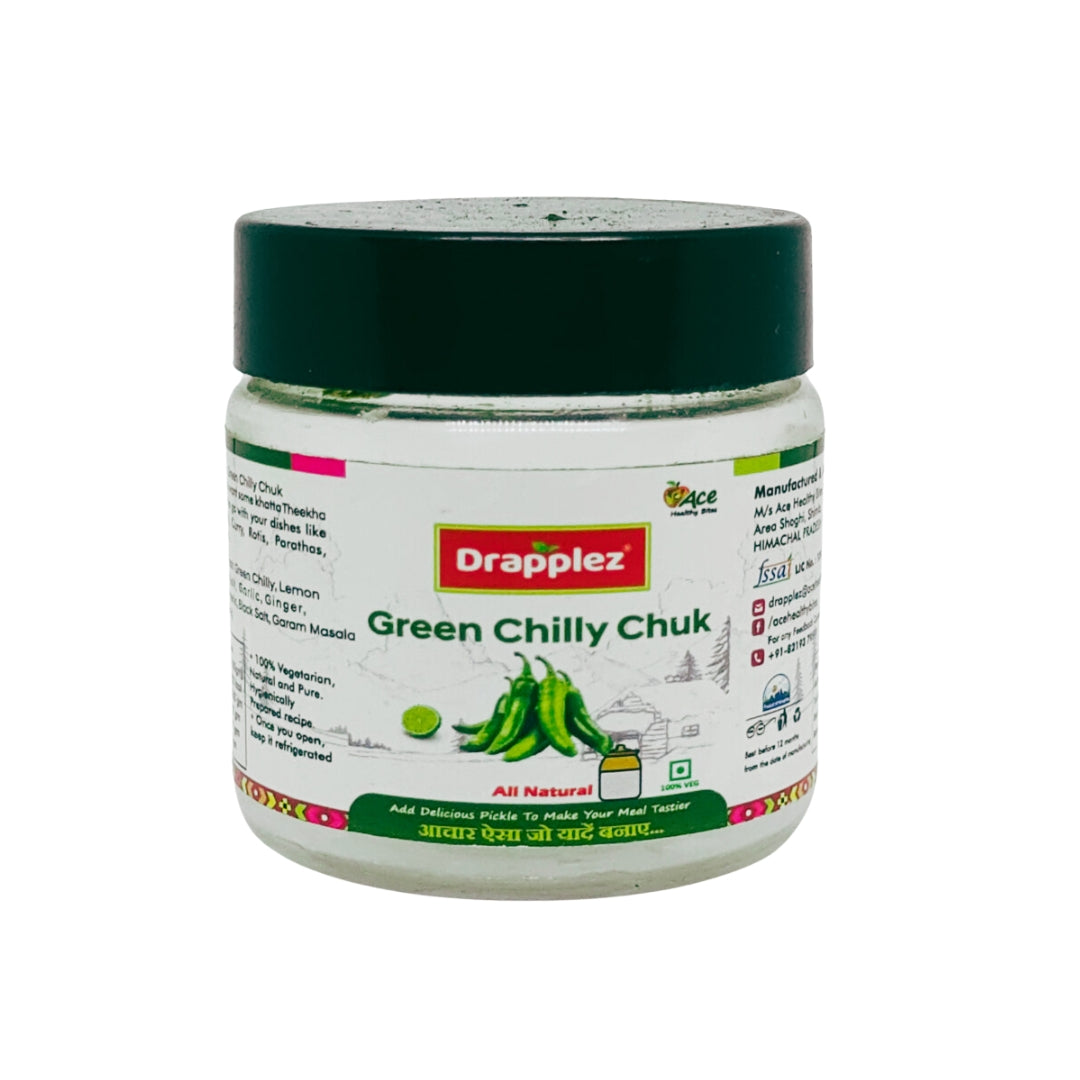 Drapplez Green Chilly Chuk pickle jar with green chilies, white label and black lid