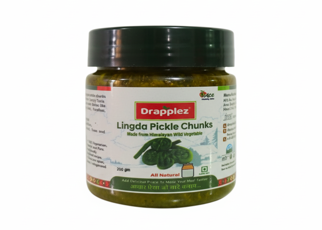 Drapplez Lingda Pickle Chunks jar, Himalayan wild vegetable pickle, 200g, white background