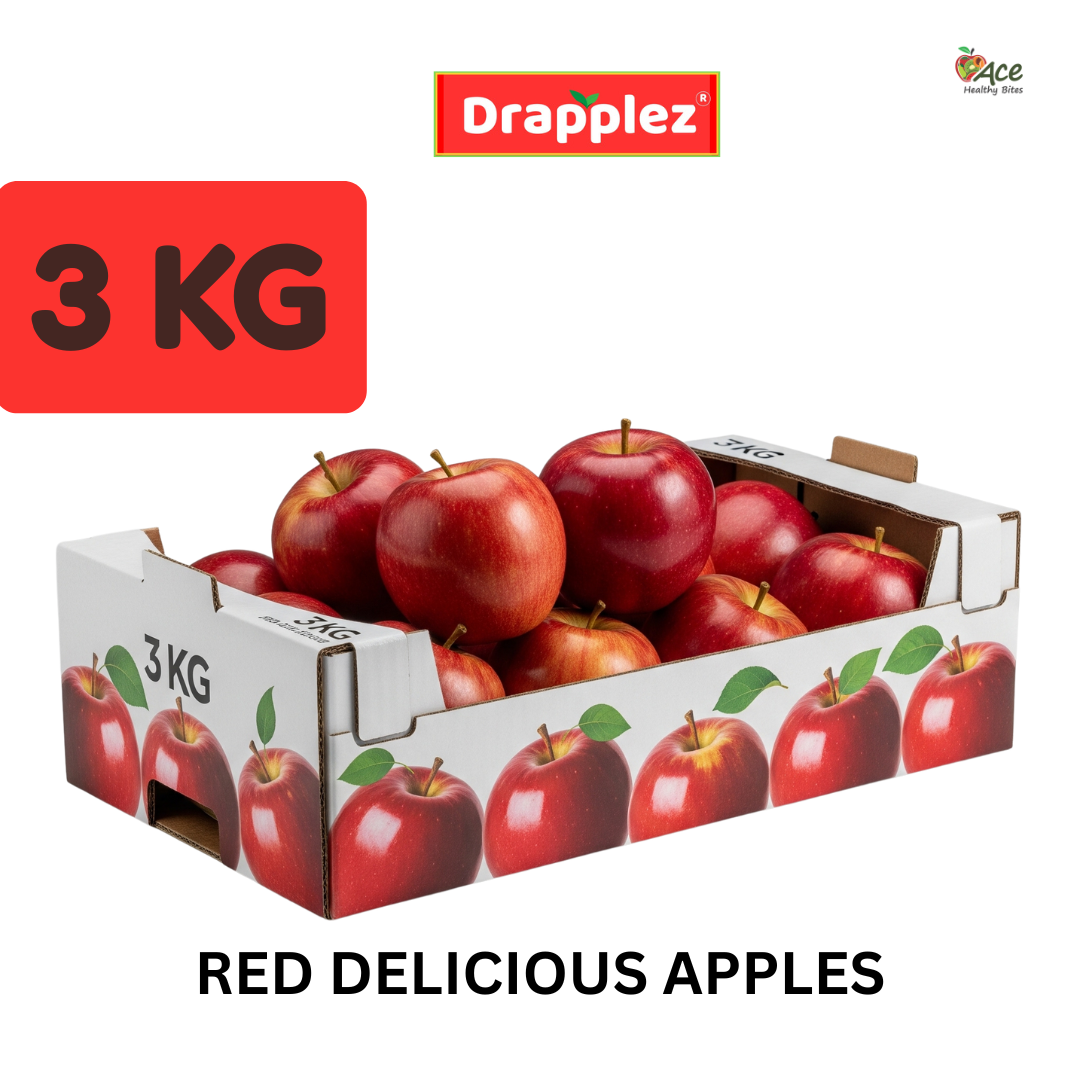 3kg box of Red Delicious apples in Drapplez packaging, fresh fruit product display